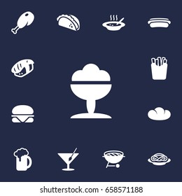 Set Of 13 Dish Icons Set.Collection Of Broth, Burger, Sorbet And Other Elements.