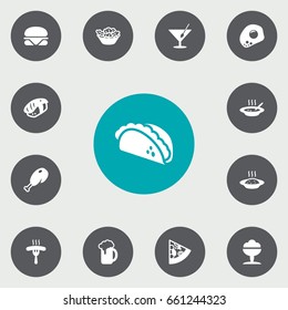 Set Of 13 Dish Icons Set.Collection Of Mexican Food, Lettuce, Fried Poultry And Other Elements.