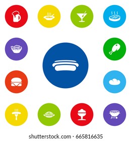 Set Of 13 Dish Icons Set.Collection Of Frankfurter, Fried Poultry, Beefsteak And Other Elements.