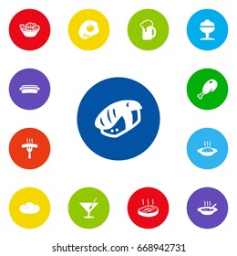 Set Of 13 Dish Icons Set.Collection Of Sorbet, Eggs, Sausage And Other Elements.