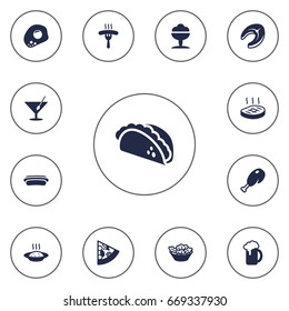 Set Of 13 Dish Icons Set.Collection Of Sorbet, Seafood, Sausage And Other Elements.