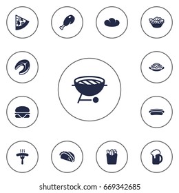 Set Of 13 Dish Icons Set.Collection Of Spaghetti, Seafood, Pepperoni And Other Elements.