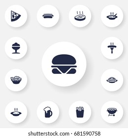 Set Of 13 Dish Icons Set.Collection Of Barbecue, Sorbet, Potato And Other Elements.