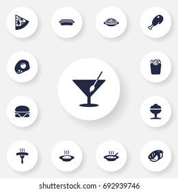 Set Of 13 Dish Icons Set.Collection Of Spaghetti, Japanese Roll, Pepperoni And Other Elements.