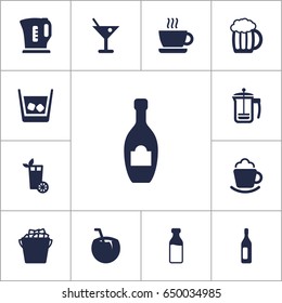 Set Of 13 Drinks Icons Set.Collection Of Fridge, Mug, Electric Teapot And Other Elements.