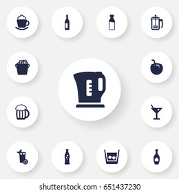 Set Of 13 Drinks Icons Set.Collection Of Bottle, Wine, Ice And Other Elements.