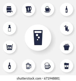 Set Of 13 Drinks Icons Set.Collection Of Cognac, Espresso, Alcohol And Other Elements.
