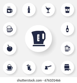 Set Of 13 Drinks Icons Set.Collection Of Green Tea, Cask, Fizzy Water And Other Elements.
