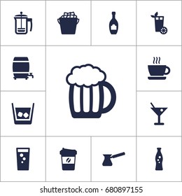 Set Of 13 Drinks Icons Set.Collection Of Martini, Fizzy Water, Espresso And Other Elements.