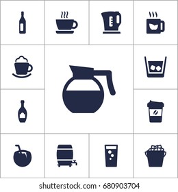 Set Of 13 Drinks Icons Set.Collection Of Teapot, Alcohol, Cup And Other Elements.