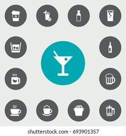 Set Of 13 Drinks Icons Set.Collection Of Fridge, Lemonade, Green Tea And Other Elements.