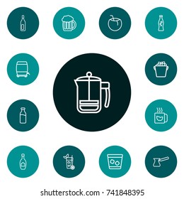 Set Of 13 Drinks Outline Icons Set.Collection Of Coconut, Mojito, Dairy And Other Elements.