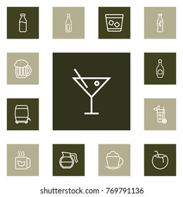 Set Of 13 Drinks Outline Icons Set.Collection Of Mug, Coconut, Wine Cask And Other Elements.
