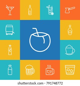 Set Of 13 Drinks Outline Icons Set.Collection Of Champagne, Mug, Coffee And Other Elements.