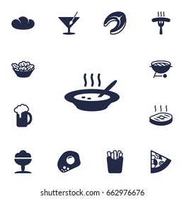 Set Of 13 Eat Icons Set.Collection Of Barbecue, Beefsteak, Seafood And Other Elements.