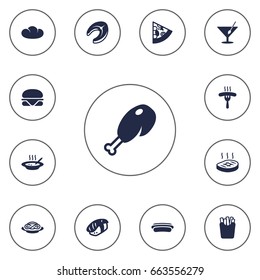 Set Of 13 Eat Icons Set.Collection Of Japanese Roll, Potato, Sausage And Other Elements.