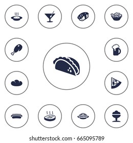 Set Of 13 Eat Icons Set.Collection Of Beefsteak, Sorbet, Mexican Food And Other Elements.