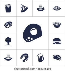 Set Of 13 Eat Icons Set.Collection Of Spaghetti, Broth, Pepperoni And Other Elements.