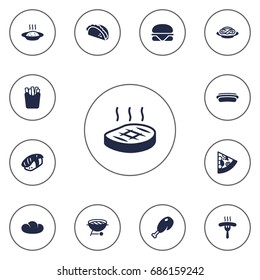 Set Of 13 Eat Icons Set.Collection Of Fried Poultry, Beefsteak, Sausage And Other Elements.