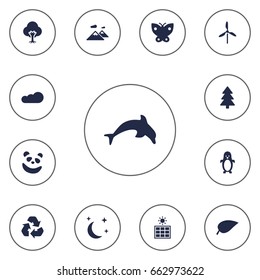 Set Of 13 Ecology Icons Set.Collection Of Foliage, Pinnacle, Polar Bird And Other Elements.