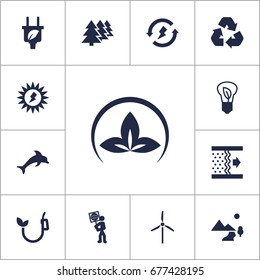Set Of 13 Ecology Icons Set.Collection Of Fish, Reforestation, Energy And Other Elements.