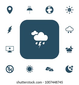 Set of 13 editable air icons. Includes symbols such as hail, laughing overcast, snowy night and more. Can be used for web, mobile, UI and infographic design.