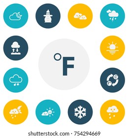 Set Of 13 Editable Air Icons. Includes Symbols Such As Particle, Electricity, Cloudy And More. Can Be Used For Web, Mobile, UI And Infographic Design.