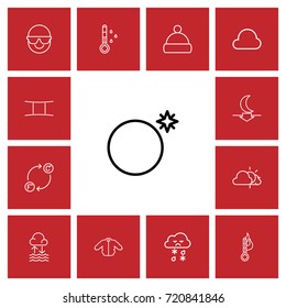 Set Of 13 Editable Air Outline Icons. Includes Symbols Such As Evaporation Condensation, Frosty, Ram And More. Can Be Used For Web, Mobile, UI And Infographic Design.