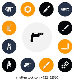 Set Of 13 Editable Apparatus Icons. Includes Symbols Such As Handcart, Pipe Wrench , Shipment. Can Be Used For Web, Mobile, UI And Infographic Design.