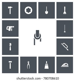 Set of 13 editable apparatus icons. Includes symbols such as hummer, shovel, glass cutter and more. Can be used for web, mobile, UI and infographic design.