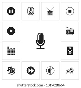 Set of 13 editable audio icons. Includes symbols such as start audio, journalism equipment, note and more. Can be used for web, mobile, UI and infographic design.