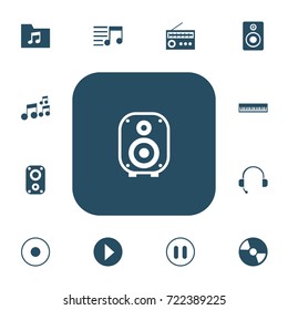 Set Of 13 Editable Audio Icons. Includes Symbols Such As Stop, Disc, Retro Tuner And More. Can Be Used For Web, Mobile, UI And Infographic Design.