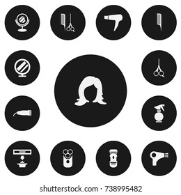 Set Of 13 Editable Barber Icons. Includes Symbols Such As Exhauster, Hand Mirror, Peeper. Can Be Used For Web, Mobile, UI And Infographic Design.