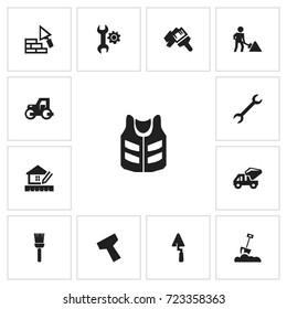 Set Of 13 Editable Building Icons. Includes Symbols Such As Wrench, Caterpillar, Industrial Transport And More. Can Be Used For Web, Mobile, UI And Infographic Design.