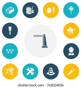 Set Of 13 Editable Building Icons. Includes Symbols Such As Hacksaw, Renovation, Five Starlet And More. Can Be Used For Web, Mobile, UI And Infographic Design.