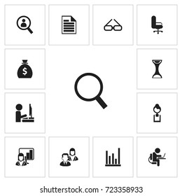 Set Of 13 Editable Bureau Icons. Includes Symbols Such As Line Chart, Presentation, Spectacle And More. Can Be Used For Web, Mobile, UI And Infographic Design.