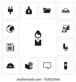 Set Of 13 Editable Bureau Icons. Includes Symbols Such As Earth, Presentation, Message Bubble And More. Can Be Used For Web, Mobile, UI And Infographic Design.