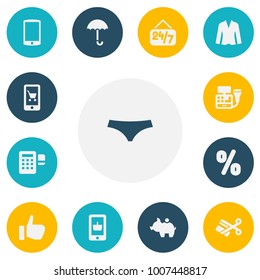 Set of 13 editable business icons. Includes symbols such as smartphone, woman jacket, card reader and more. Can be used for web, mobile, UI and infographic design.