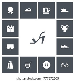 Set of 13 editable business icons. Includes symbols such as high heeled sandal, shoes, shirt. Can be used for web, mobile, UI and infographic design.