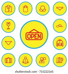 Set Of 13 Editable Business Outline Icons. Includes Symbols Such As Lingerie, Open, Kettle And More. Can Be Used For Web, Mobile, UI And Infographic Design.