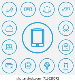Set Of 13 Editable Business Outline Icons. Includes Symbols Such As Smartphone, Blouse, Box Clear And More. Can Be Used For Web, Mobile, UI And Infographic Design.