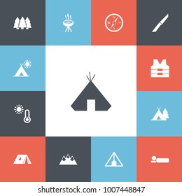Set of 13 editable camping icons. Includes symbols such as journey, trip, bbq and more. Can be used for web, mobile, UI and infographic design.