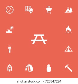 Set Of 13 Editable Camping Icons. Includes Symbols Such As Landscape, Trip, Bbq. Can Be Used For Web, Mobile, UI And Infographic Design.