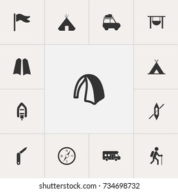Set Of 13 Editable Camping Icons. Includes Symbols Such As Pennant, Boat, Gait And More. Can Be Used For Web, Mobile, UI And Infographic Design.