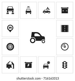 Set Of 13 Editable Car Icons. Includes Symbols Such As Mechanic, Stoplight, Accumulator And More. Can Be Used For Web, Mobile, UI And Infographic Design.
