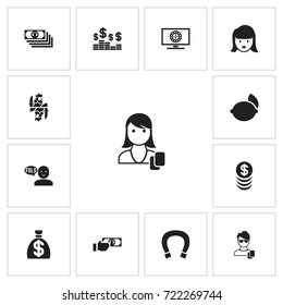Set Of 13 Editable Casino Icons. Includes Symbols Such As Stacked Money, Thinking Man, Woman Gamer And More. Can Be Used For Web, Mobile, UI And Infographic Design.