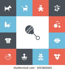 Set of 13 editable child icons. Includes symbols such as soothers, toy, bike and more. Can be used for web, mobile, UI and infographic design.
