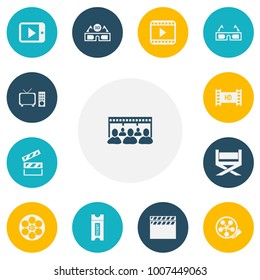 Set of 13 editable cinema icons. Includes symbols such as 3d vision, action, film glasses and more. Can be used for web, mobile, UI and infographic design.