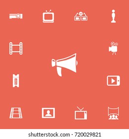 Set Of 13 Editable Cinema Icons. Includes Symbols Such As Tv, Movie Strip, Bullhorn And More. Can Be Used For Web, Mobile, UI And Infographic Design.