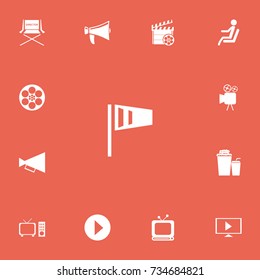 Set Of 13 Editable Cinema Icons. Includes Symbols Such As Bullhorn, Start Video, Shooting Seat And More. Can Be Used For Web, Mobile, UI And Infographic Design.